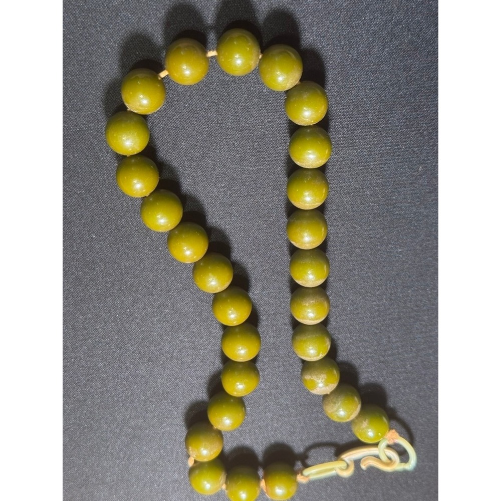 Vintage Olive Green Round Bead Necklace Retro Mid Century Celluloid Hook Clasp